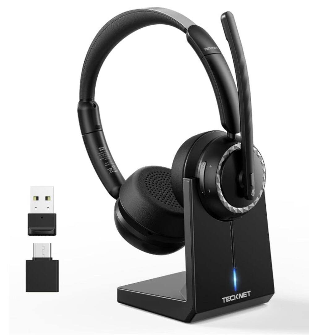 TECKNET Wireless Bluetooth Headset w/ Noise Cancel Mic USB Dongle Charging Dock